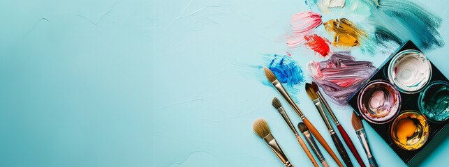 Wall Mural - set of accessories for painting with paints and brushes on pastel blue background isolated