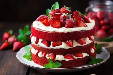 Canvas Print - Red velvet cake with fresh strawberries Layers of red sponge cake and cream cheese frosting American style