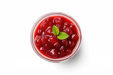 Sticker - Small glass bowl of red berry jam isolated on white background cherry jam top view