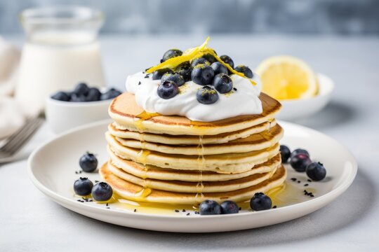 Low sugar, healthy breakfast dish: stack of lemon poppy seed pancakes with yogurt and blueberries.