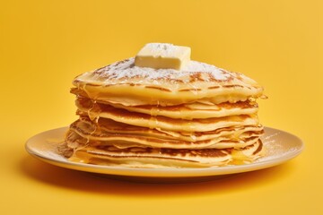 Poster - Traditional Russian holiday called Shrovetide or Maslenitsa, featuring fluffy pancakes made with yeast and served with butter, like American crepes, shown on a yellow background.