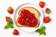 Strawberry jam breakfast on white background with fresh strawberries and homemade spread on bread