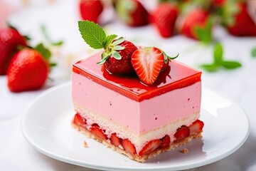 Sticker - Strawberry mousse cake with biscuit and jelly on white wood Summer dessert Copy space