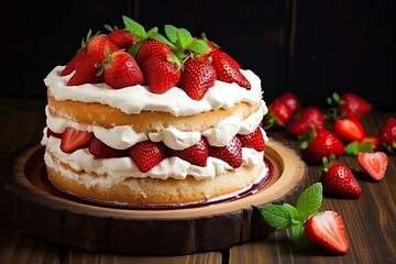 Wall Mural - Summer cake with cream cheese fresh strawberries focus on strawberries