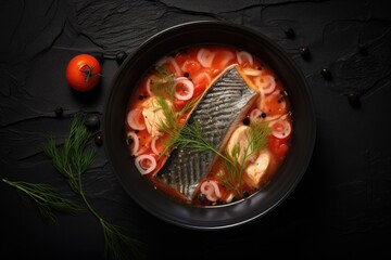 Wall Mural - Fish soup in bowl viewed from top on black background