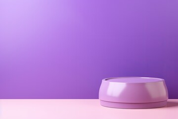 Wall Mural - Close up of piggy bank on round podium against purple backdrop symbolizing saving money with copy space