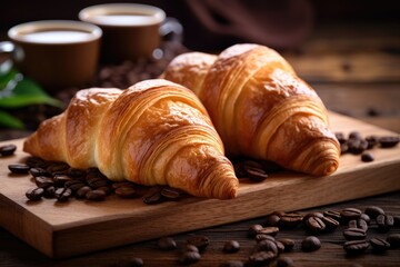 Poster - Close up shot of fresh croissants on a wooden cutting board with medium roast coffee beans