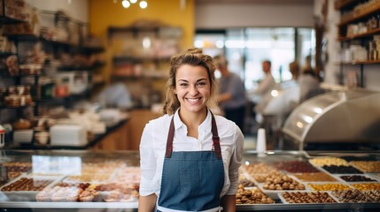 Portrait of a smiling confectionery owner. Ai generative