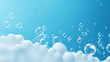 Detergent foam bubble on blue background. Soap, shower gel, shampoo foam texture. Copy space. Generative AI