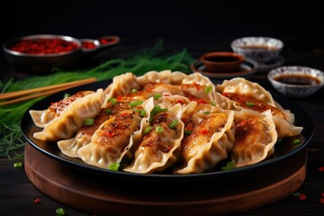 Sticker - Fried dumplings placed on a dark table served with classic soy sauce