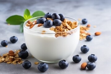 Canvas Print - Healthy breakfast of homemade granola yogurt blueberries and wheat seeds on a stone background