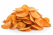 Healthy sweet potato chips stacked on white background