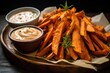 Homemade oven roasted sweet potato fries served with mayo and ketchup