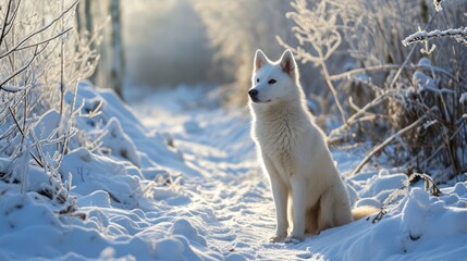wildlife photograph featuring a white wolf against the backdrop of a snowy arctic landscape.