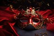 Opulent Venetian masquerade mask on deep red backdrop.