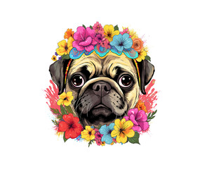 Wall Mural - Hippie Pug puppy in a floral head wreath. Vector illustration design.