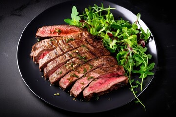 Poster - Bird's-eye view of medium rare steak, salad on white plate, black stone table.