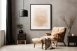 © LimeSky - Modern home decor with a chic Scandinavian living room featuring a design armchair black mock up poster frame commode wooden stool lamp decoration loft wall an