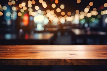 Poster - Montage product display on a dark night café background with a blurred wood table top