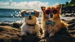 relaxing border collie dog and cat wear sunglasses at sea beach on summer holiday