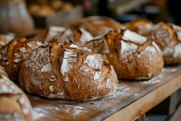 Wall Mural - Freshly baked bread in a rustic bakery, aroma, artisanal, and traditional