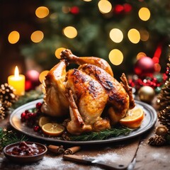 Festive roasted chicken on holiday table - Generative AI