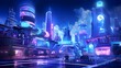 3d rendering of futuristic city at night with neon lights. 3d illustration.