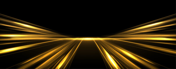 High-speed neon light lines of yellow color on a black background. Incredible speed on the expressway. Laser beams luminous abstract sparkling isolated on a transparent background. 