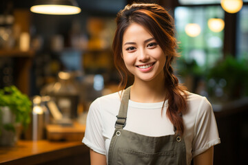 Asia woman smile is barista at coffee shop.  Generate Ai