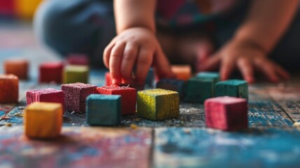 Poster - A child playing with colorful wooden blocks on a floor, AI