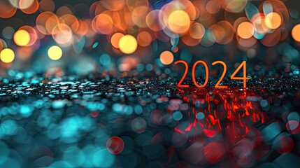 Poster - Happy New Year 2024 background with bokeh lights