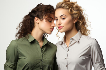 Wall Mural - Portrait of two beautiful Caucasian lesbian women in casual shirts on a white background