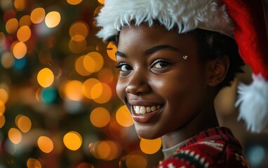 Happy African American kid wearing Santa hat in Christmas background