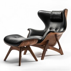 Sticker - A black leather chair and ottoman with a wooden frame, AI