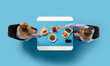© Lustre Art Group  - Creative collage. Top view portrait of two young girl sitting at table eating and speaking against blue background. Concept of business lunch, morning meeting, briefing. Copy space. Ad