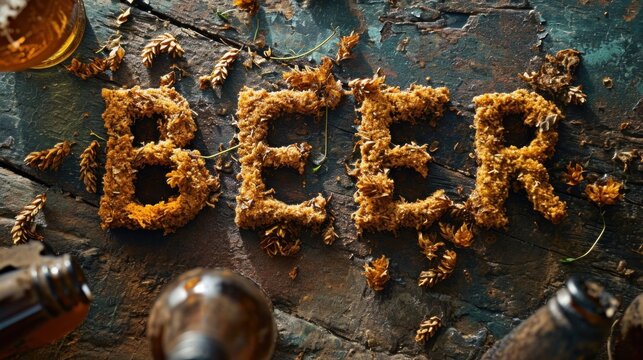 A close up of the word beer spelled out in a field, AI