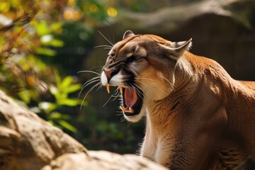 Wall Mural - Roaring cougar or mountain lion hunts its prey