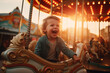 A joyful child is thrilled to be riding a horse-themed carousel at the fair