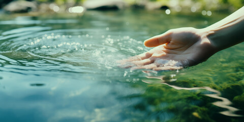 a hand touching the surface of pure green water of the river in nature on a sunny day, symbolic and 