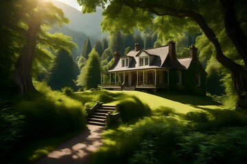 Wall Mural - A charming house in the heart of a sun-dappled glade, embraced by the lush greenery of a tranquil forest and distant mountain vistas.