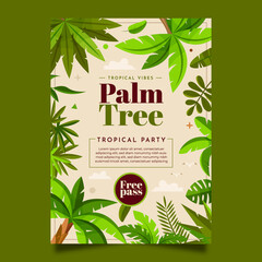 Sticker - Hand drawn flat palm tree poster template with tropical palm leaves