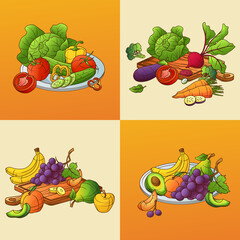 Wall Mural - Hand drawn organic food illustration set with fresh vegetables and fruits dishes