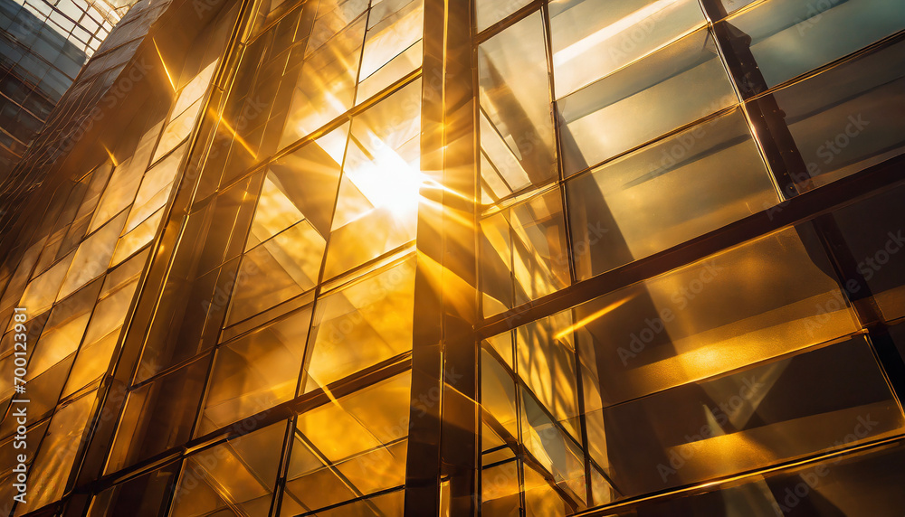 Golden light rays effect with geometric shapes of a glass building ...