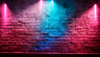 Neon light on brick walls that are not plastered background and texture. Lighting effect red and blue neon background graphic arts wall decoration backdrop