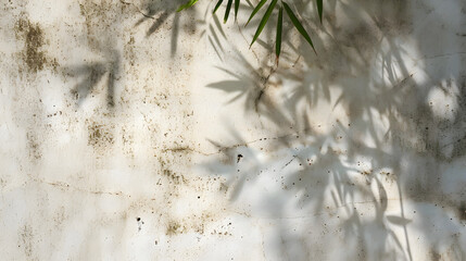 Poster - Close up of texture of old, weathered, eroded white stone concrete wall in beautiful foliage dappled sunlight of tropical bamboo tree leaf shadow for interior design decoration material background 3D