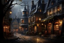 Old European Town In The Fog At Night, 3d Render