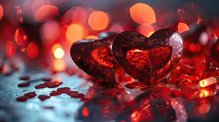 Poster - Valentine's day background with red hearts and bokeh lights