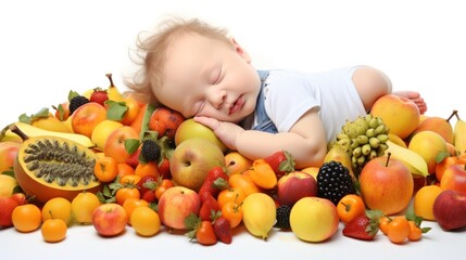 A baby sleeping on top of a pile of fruit