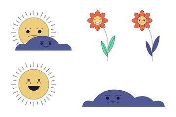 Poster - Weather seasons changing 2D linear cartoon characters set. Forecast, emotional flowers isolated line vector personages white background. Environmental color flat spot illustrations collection