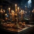Vintage candlestick with candelabrum and candles in church